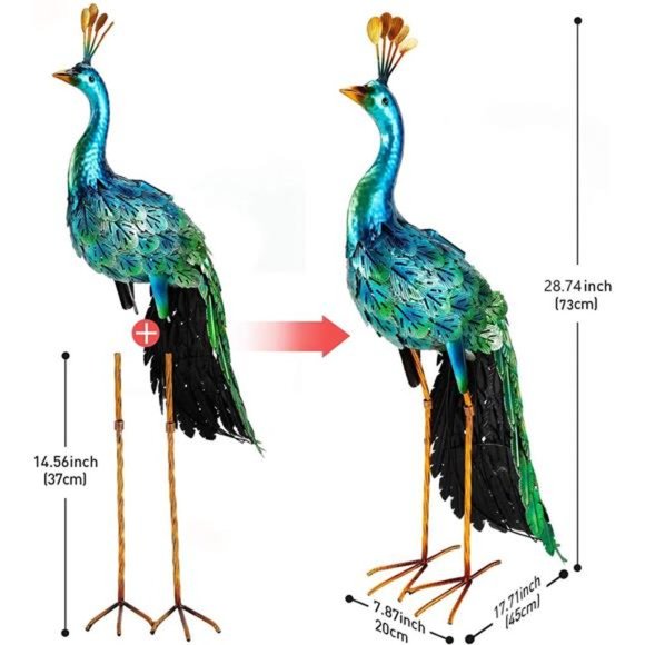 Outdoor Solar Peacock Statue Garden Decor Metal Yard Art for Lawn Backyard Party - Picture 2 of 6